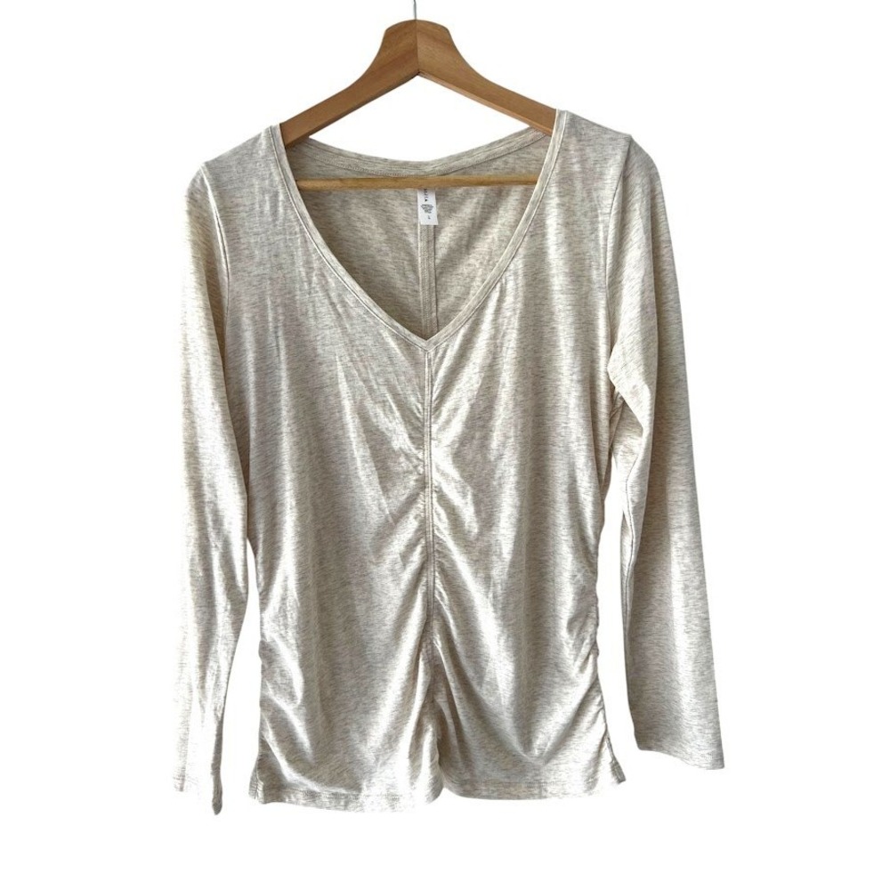 Athleta Oatmeal Heather Ruched V-Neck Long Sleeve Top L Casual Yoga Activewear